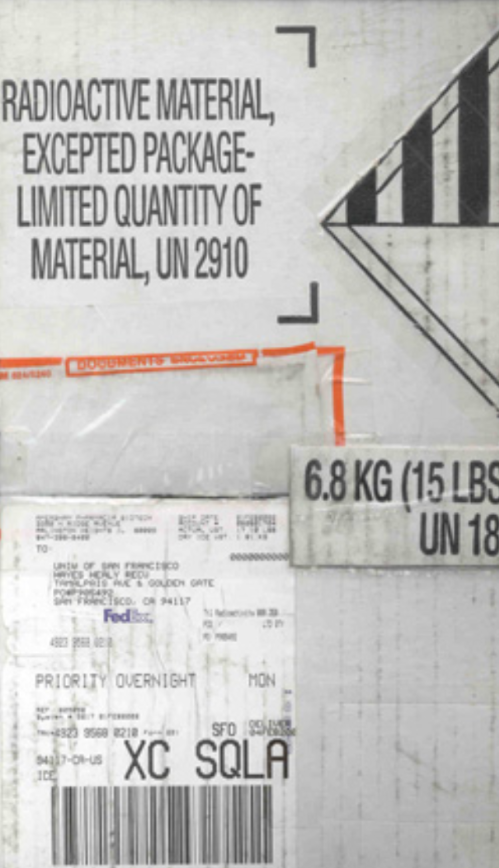 Label stating "Radioactive material, excepted package. Limited quantity of material, UN 2910".
