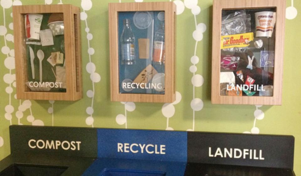 Recycling, compost, and landfill bins with examples of waste that goes in the various bins