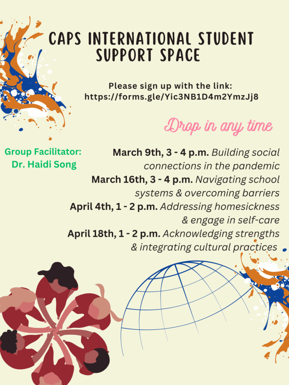 Flyer for CAPS International Student Support Space, text is duplicated after image