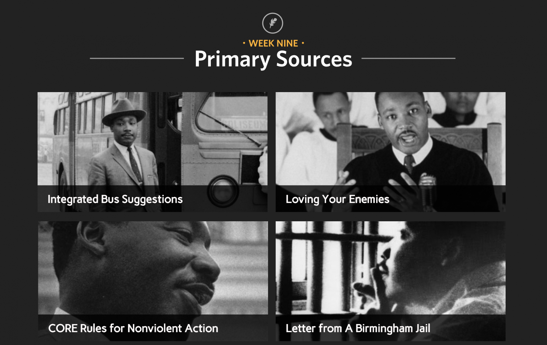 screenshot from interactive piece: 4 images and subtitles: week 9 Primary Sources; integrated bus suggestions; loving your enemies; CORE rules for nonviolent Action; Letter from a Birmingham Jail