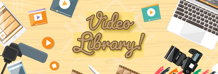 Video library with illustrations of laptop, microphone, camera, play pause buttons  and ipads
