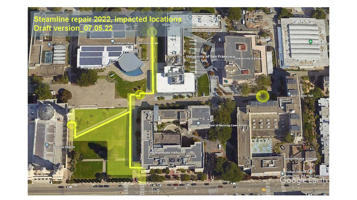 Visualization of the parts of lower campus that will be affected by the work