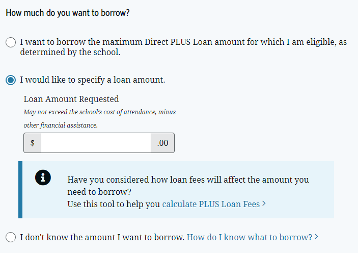 PLUS Loan amount to borrow screenshot