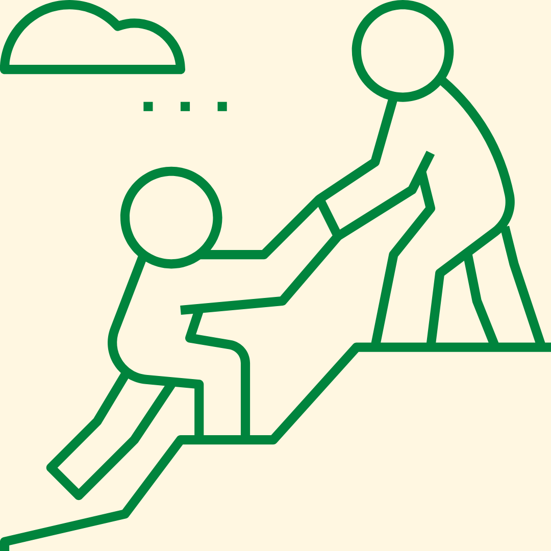 Illustration of stick figure helping another person up a hill with a raincloud over the person being helped. 