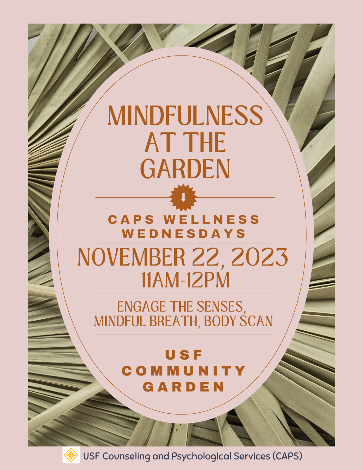 Wellness Wednesday Flyer for 11/22/2023 at the USF Community Garden, 11am-12pm