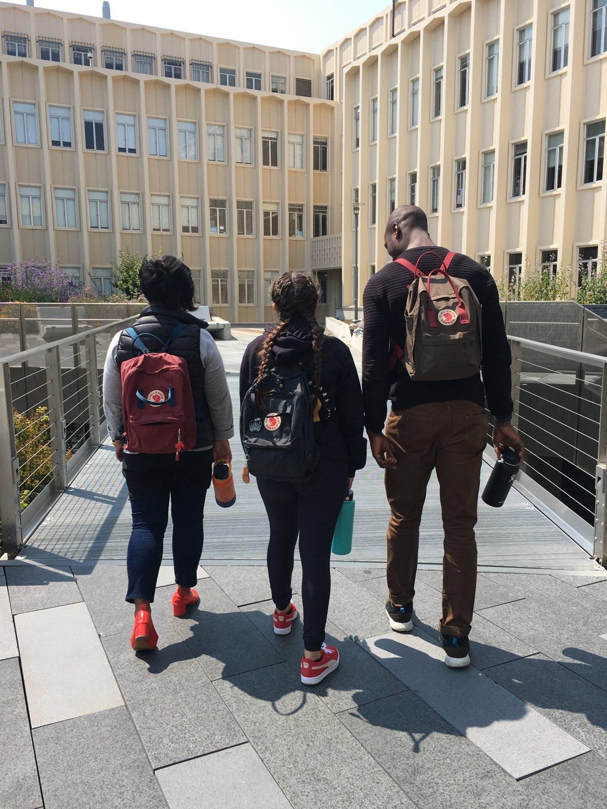 Backs of 3 MSP staff walking towards Harney Science Center