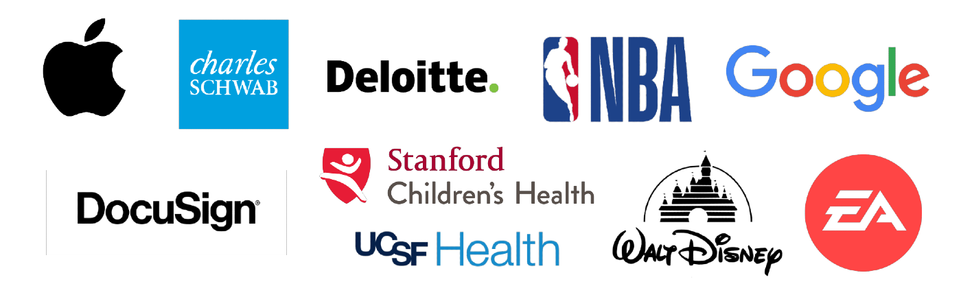 Company logos for Apple, Charles Schwab, Deloitte, Google, NBA, Docusign, Stanford Children's Health, UCSF Health, Walt Disney, and Electronic Arts (EA)