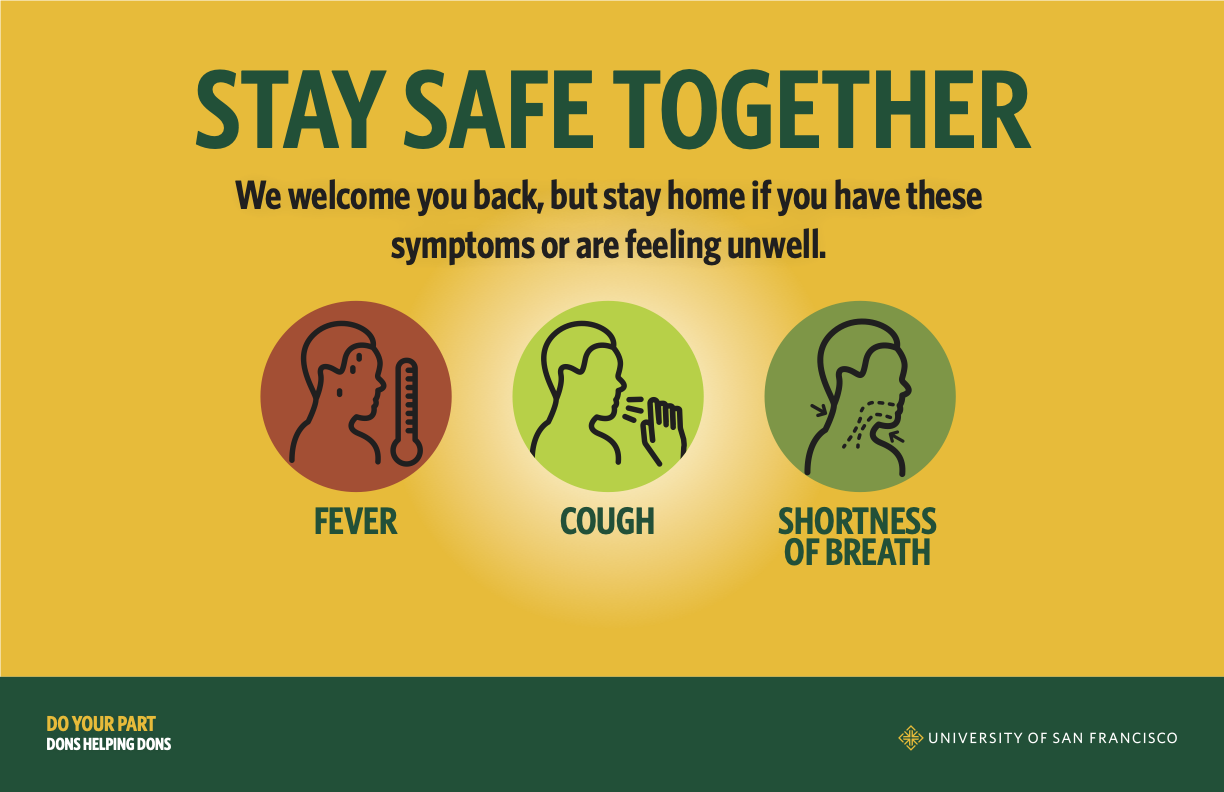 USF Dons Helping Dons poster that reads "Stay Safe Together" with graphic icons showing COVID-19 symptoms