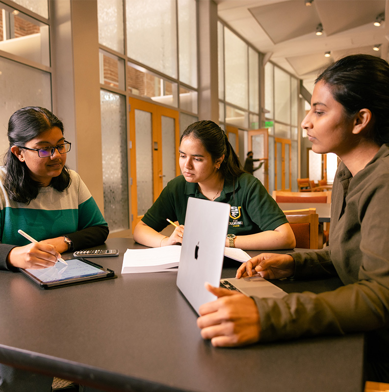 Three USF students working together on campus