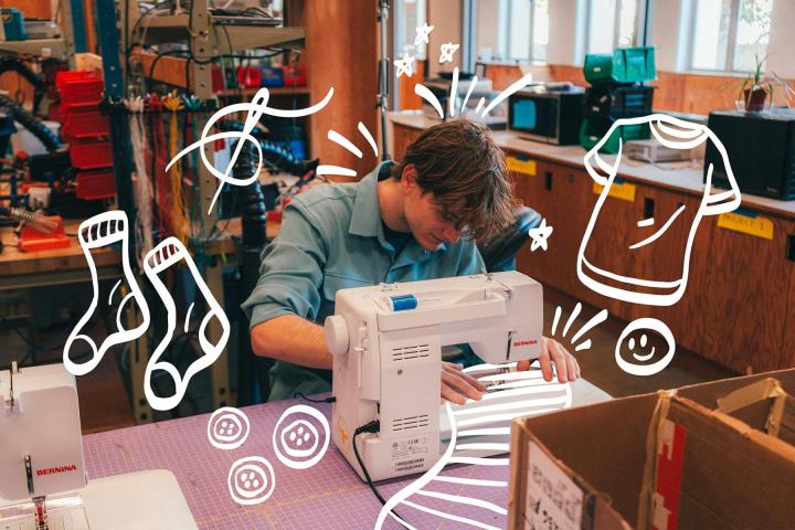 "Student working on sewing machine"