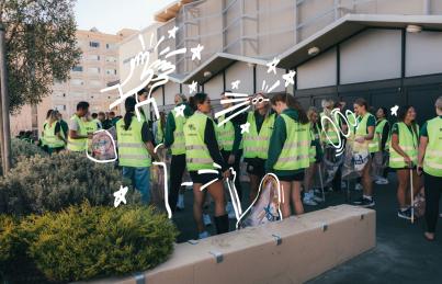 "Group of students picking up trash with white illustrations surrounding them"