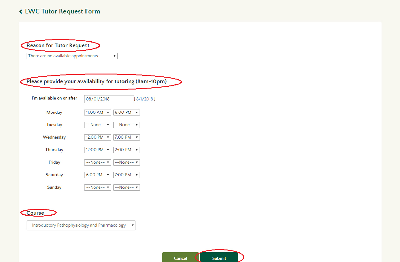 Form selections within the Tutor Request Form