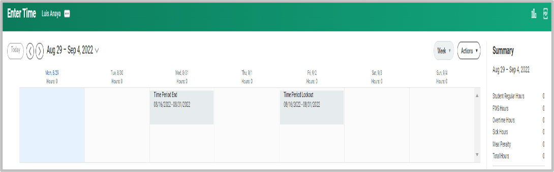 Screenshot of timesheet