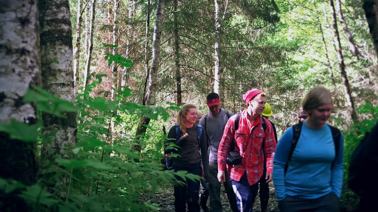 Students walking in the forest