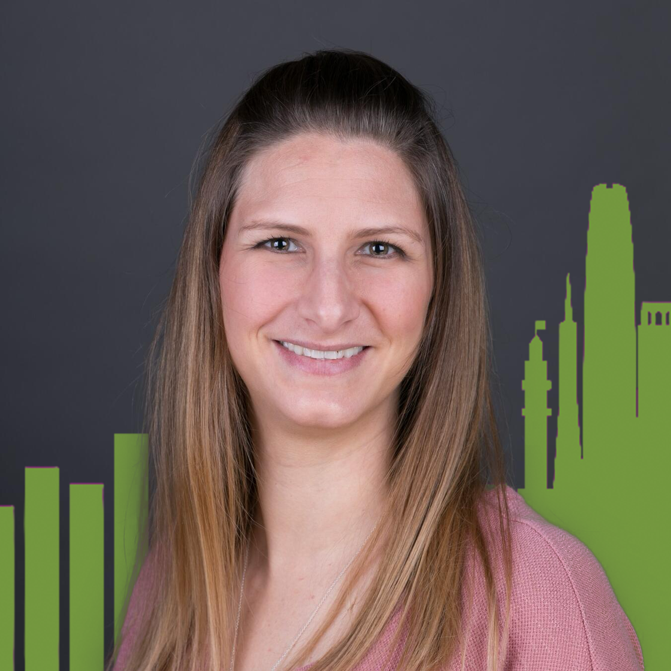 Headshot of Fernanda Lopez Ornelas with green buildings in the background