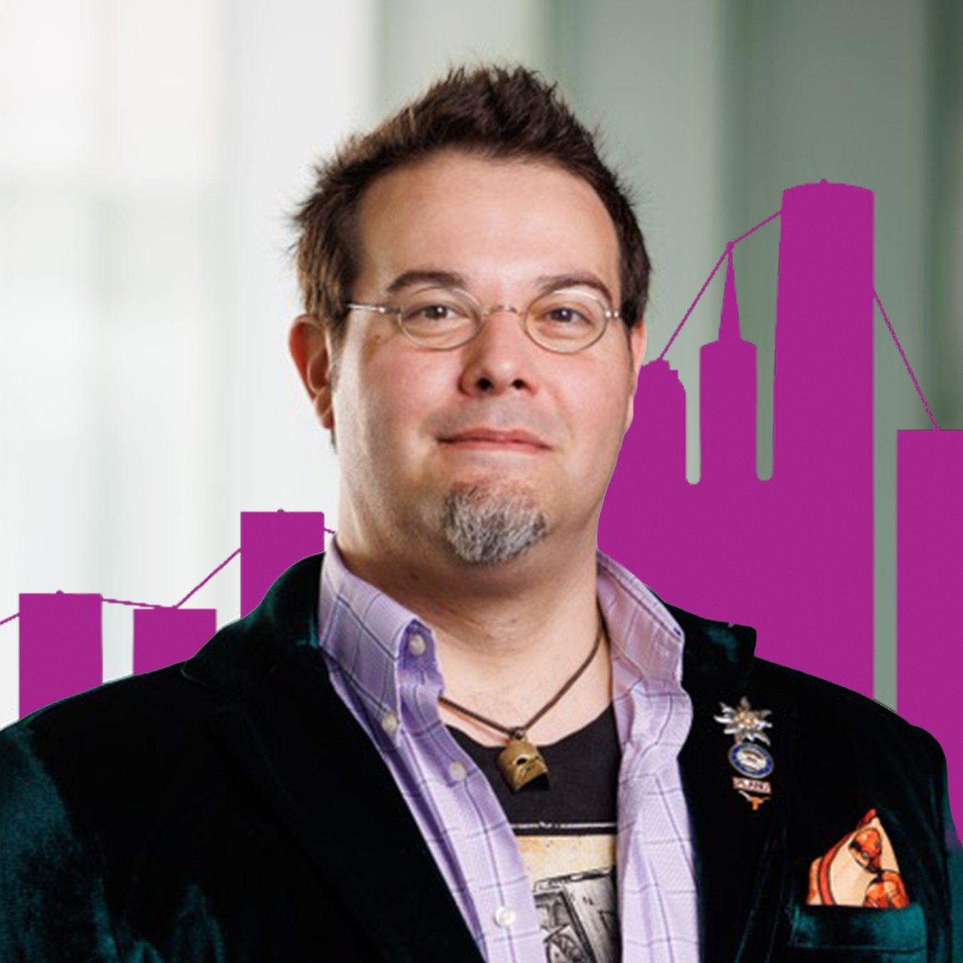 Headshot of Konrad Posch with a gradient green background and purple buildings