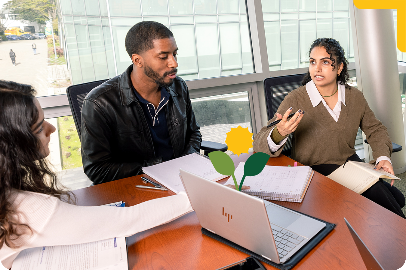 "Students discussing research"