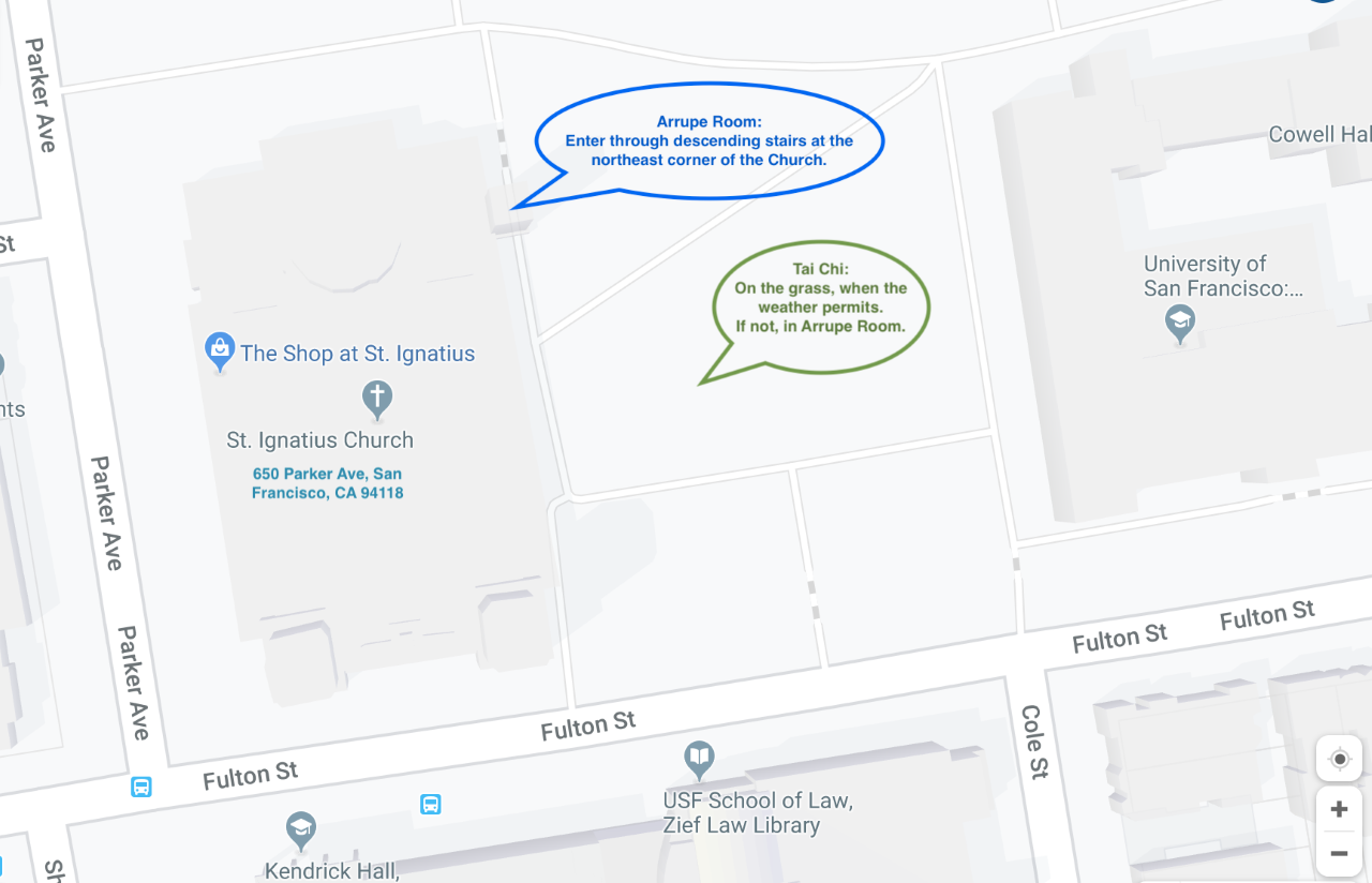 Map showing St. Ignatius Church, pointing to the Arrupe Room entrance at northeast corner of the church