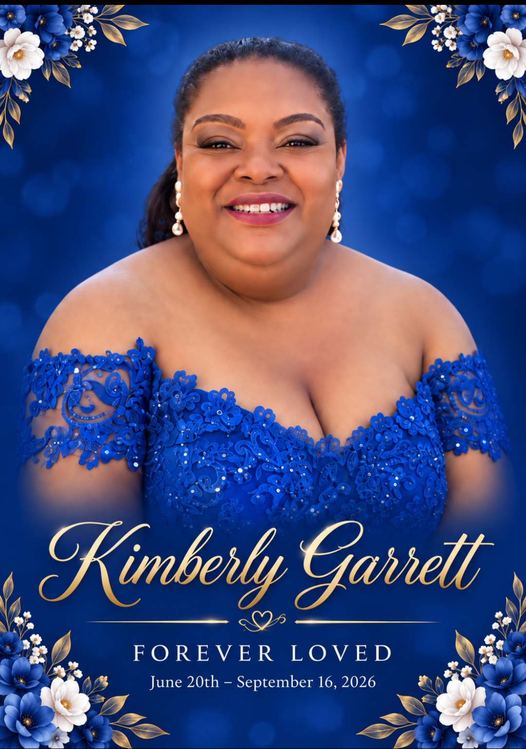 Kimberly Garrett in a blue dress.