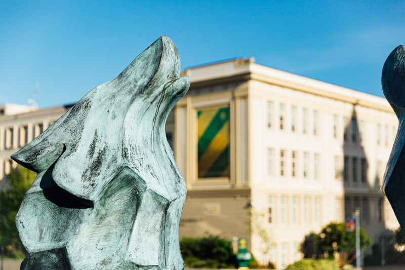 wolf statue in front of Kalmanovitz Hall