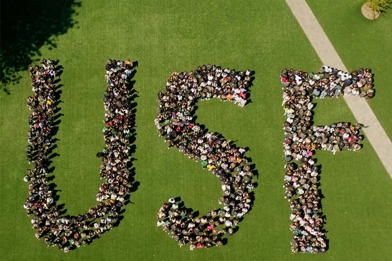 Students standing and forming a USF