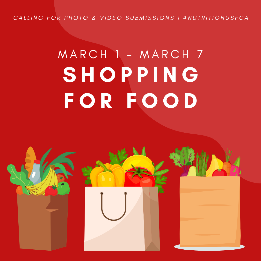 Graphic to ask for photo and video submissions of students shopping for food from March 1 to March 7