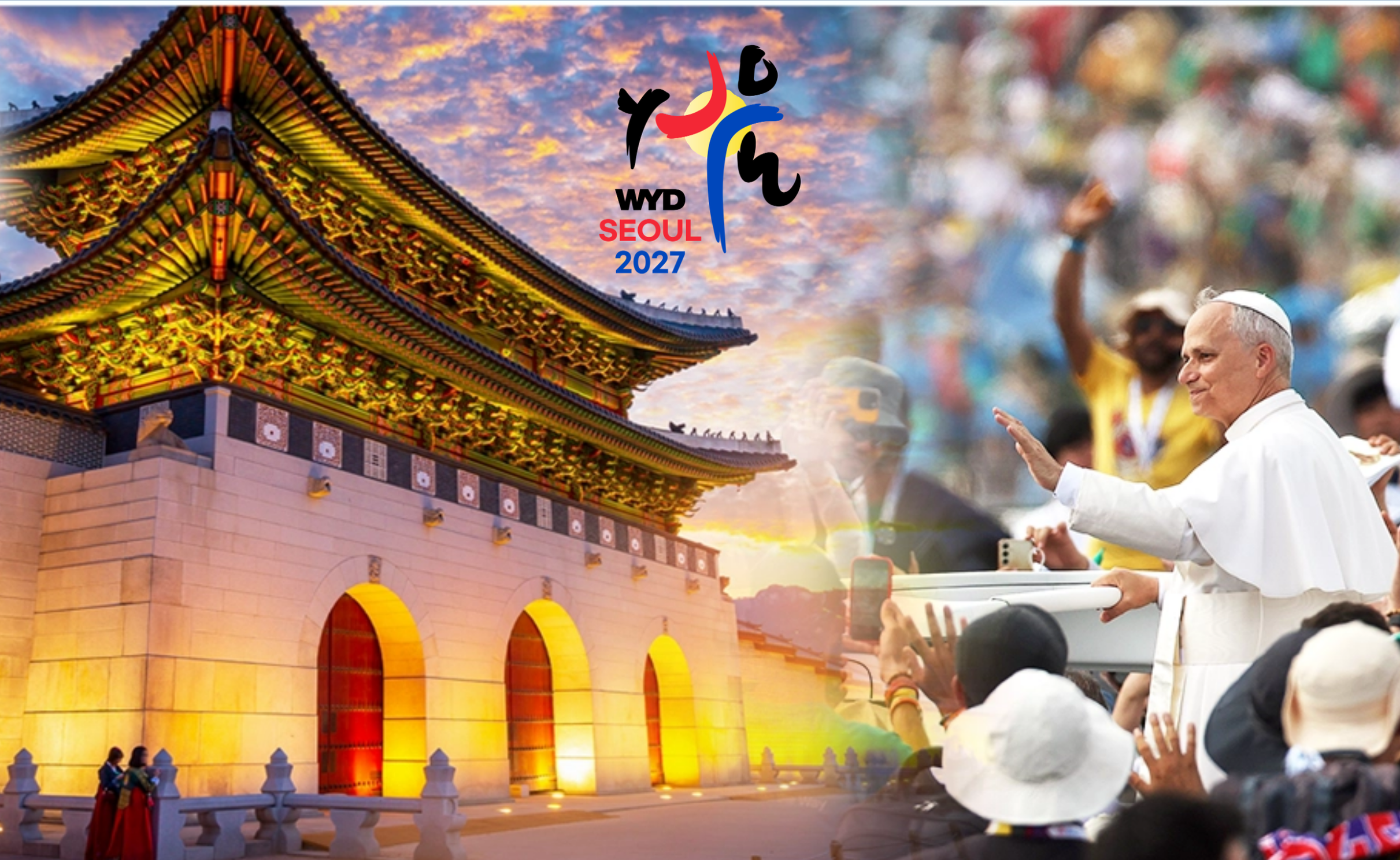 Picture of Pope Leo, Korean citizens, and a palace in South Korea