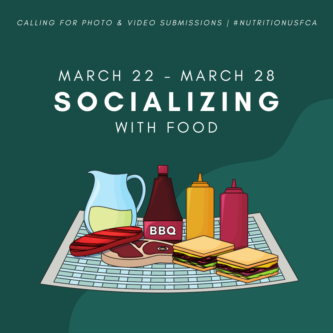 Graphic to ask for photo and video submissions of students socializing with food from March 22 to March 28