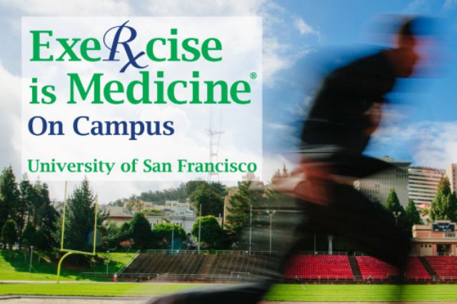 blurred runner next to USF Exercise Is Medicine on Campus logo