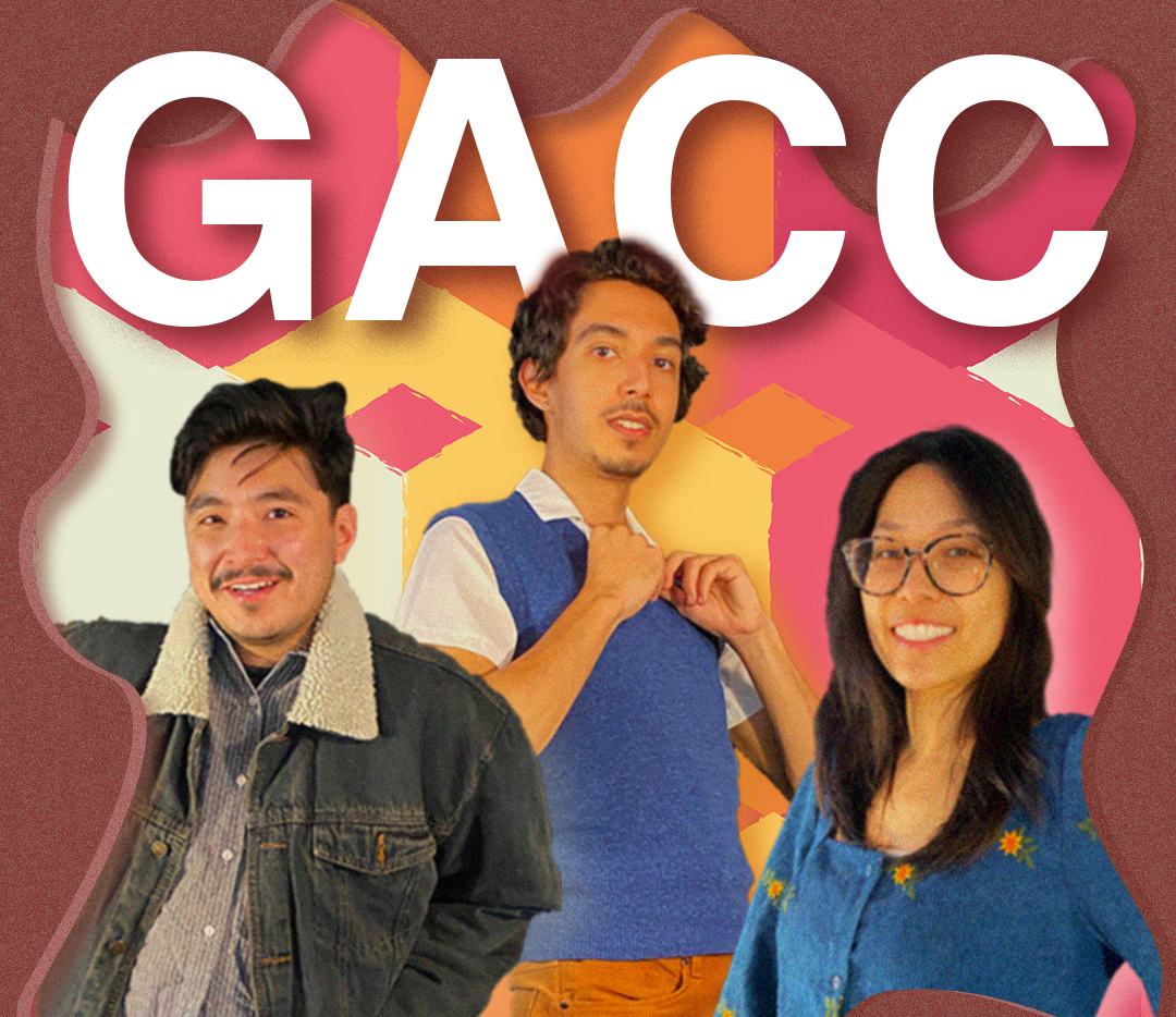 Three stylish individuals are framed with a funky 70s background under magazine text that reads G.A.C.C.