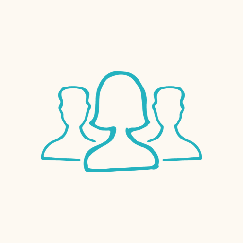 Turquoise outline of the upper-half of 3 people with 1 of the people at the forefront