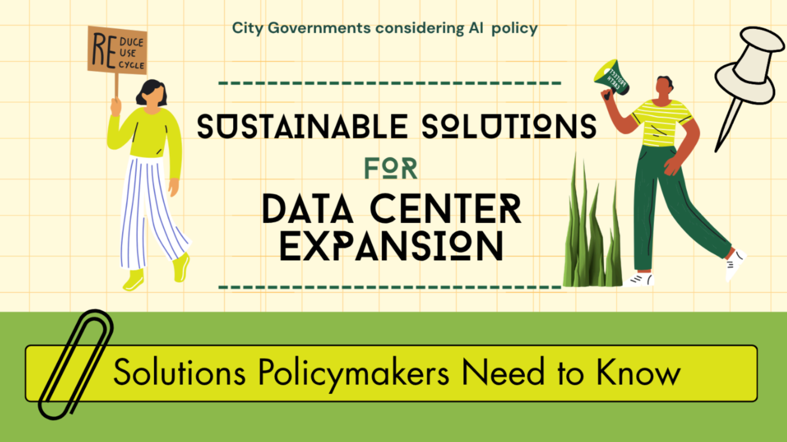 inforgraphic showing two people and sustainable solutions for data center expansion title