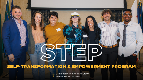 STEP logo with text "Self-Transformation & Empowerment Program" in front of students