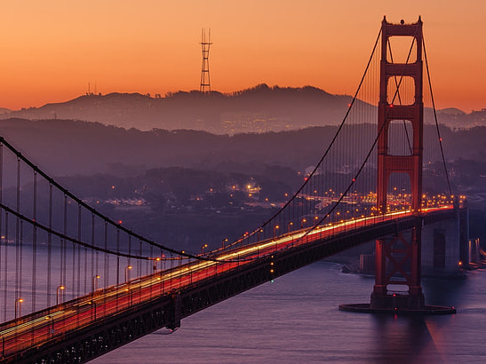 Sunset over San Francisco with a view of the Golden Gate Bridge