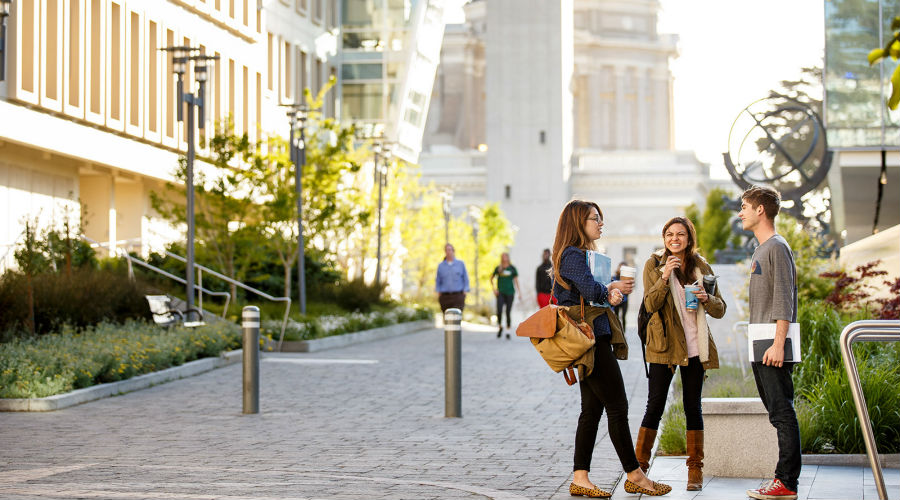 Students talking to each other on main campus