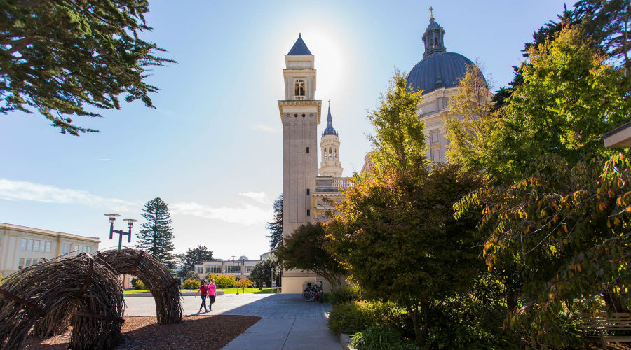 Gleeson Plaza with sun at St. Ignatius Church