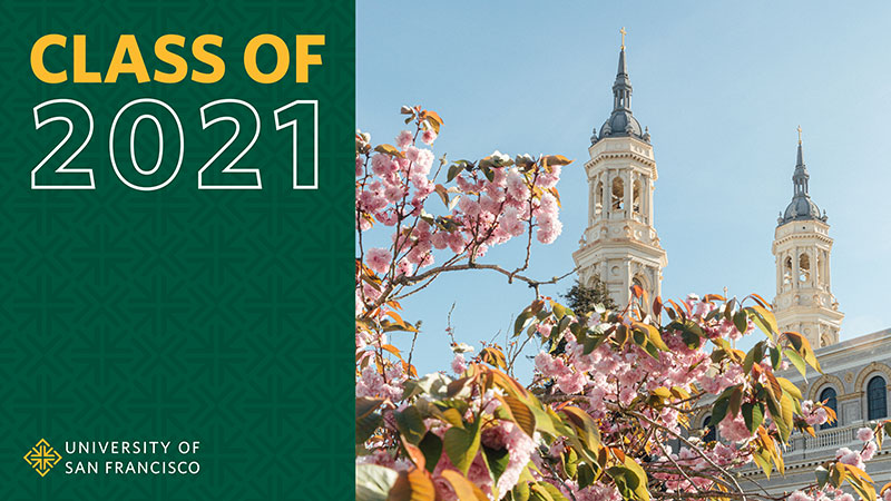 Class of 2021 with cherry blossoms and St Ignatius Belltower