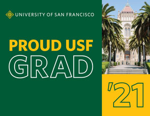Proud USF Grad 2021 green background and Lone Mountain