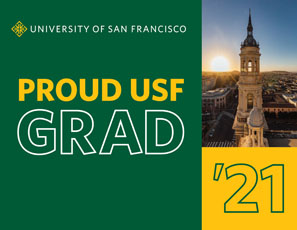 Proud USF Grad 2021 with green background and St Ignatius belltower
