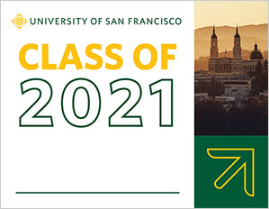 Class of 2021 white personalization space with USF skyline at dusk