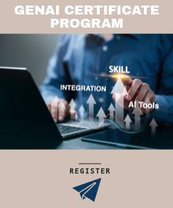 GenAI Certificate Program Register, a person typing on the laptop showing owrds: skill ,intergration, AI tools