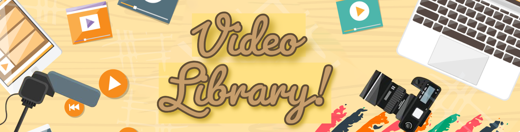 Video library with illustrations of laptop, microphone, camera, play pause buttons  and ipads