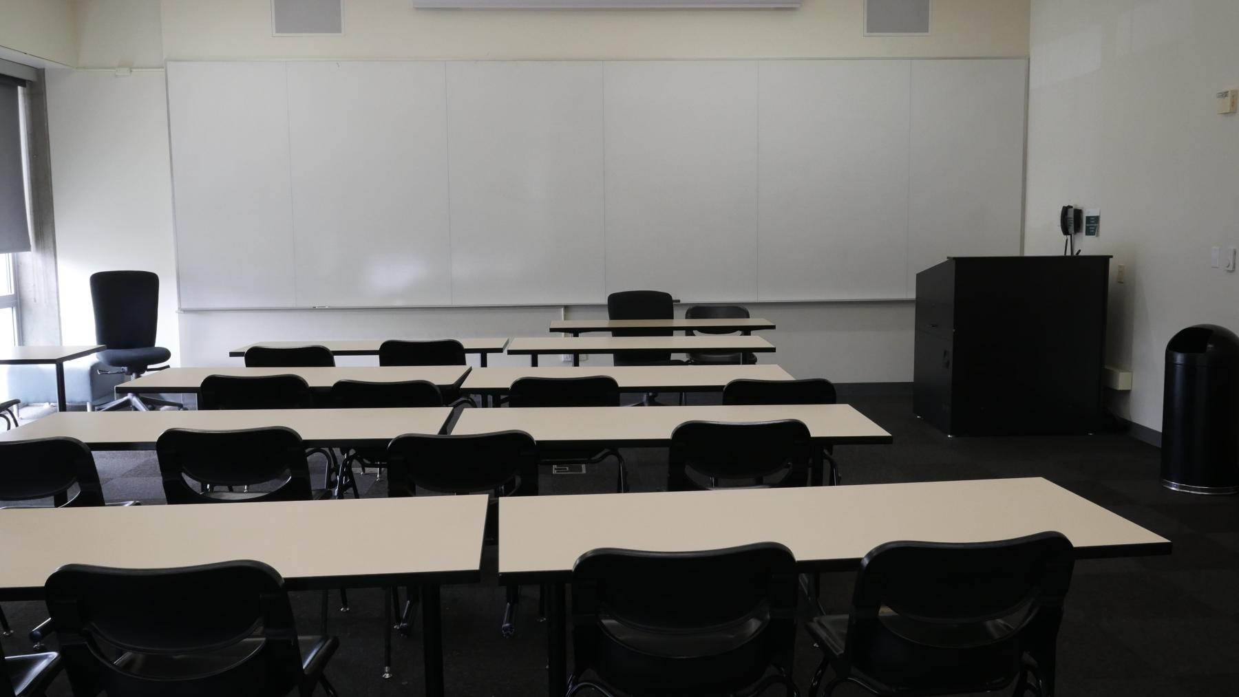 Back of the classroom in Malloy Hall 129