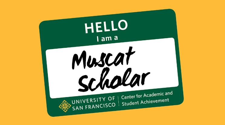 Nametag that says "Hello, I'm a Muscat Scholar"