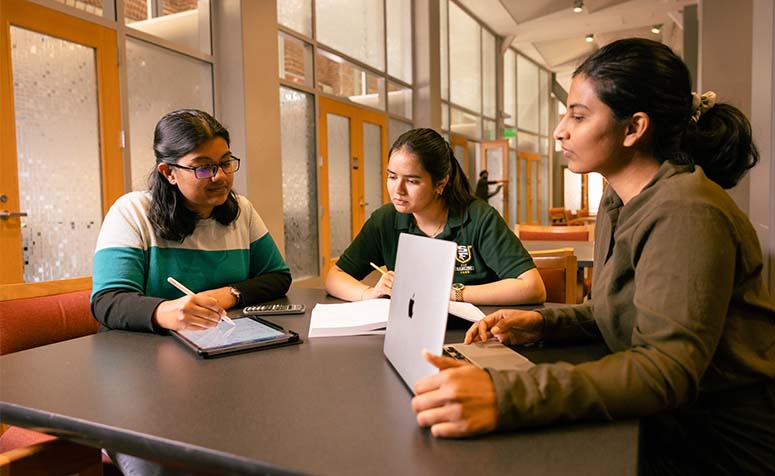 Three USF students working on a project together