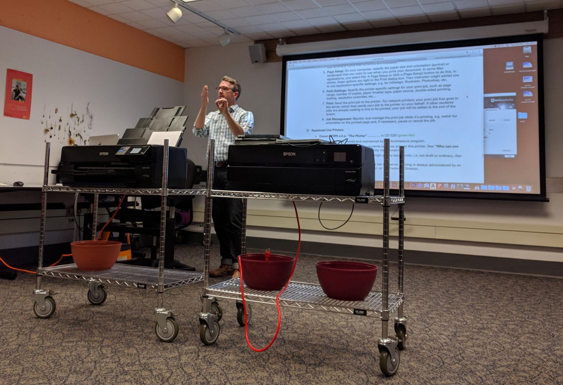 Steve Rhyne delivers a digital printing tutorial in the Orange Lab