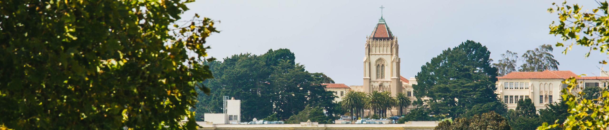 view of hilltop campus from the distant trees