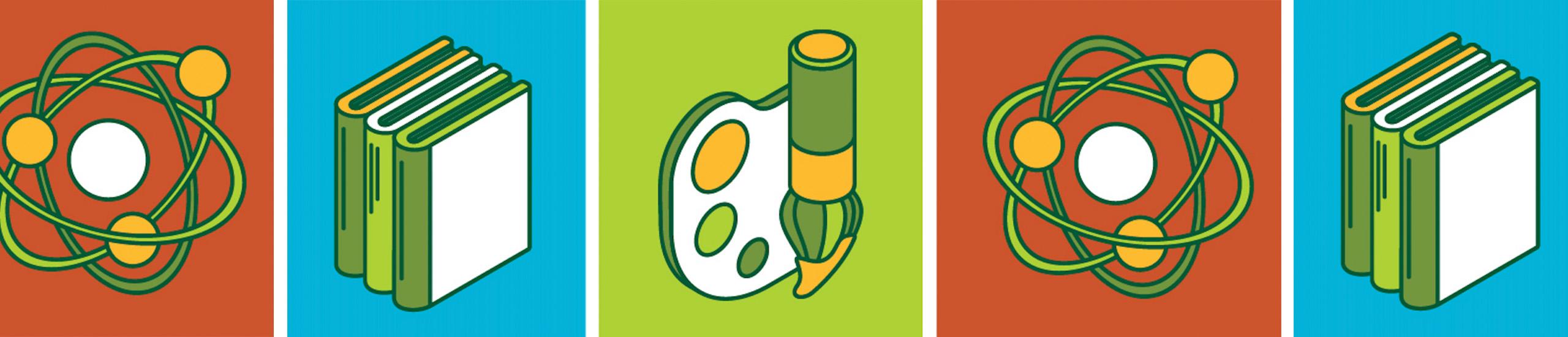 Paint brush, stack of books, and science icons