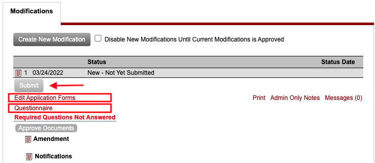 image showing the modifications tab link options for completing a modification application