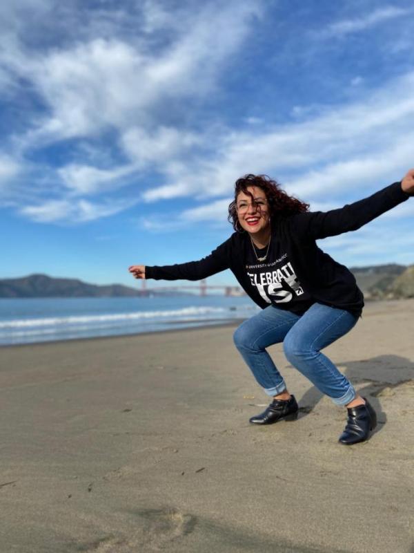 Chanel Ortiz in front of the Golden Gate bridge